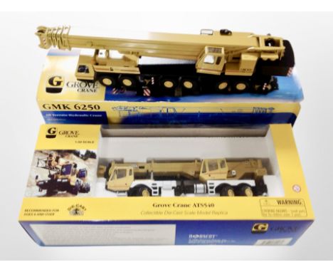 A Grove 1:50 scale ATS540 crane model, and a further model of a GMK6250 all-terrain hydraulic crane, both boxed.