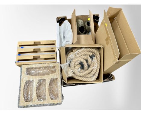 A box of new retail stock items - kitchen rack, ceramic ornament, light etc 