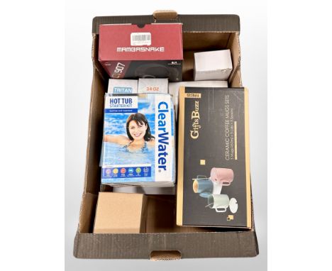 A box of new retail stock items - Drink water bottles, gaming headphones, ceramic mug set etc 