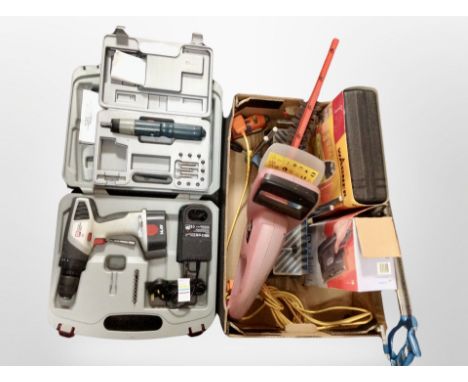 Two boxes of electric hedge trimmer, electric sander, hot air gun, drill in case with charger 