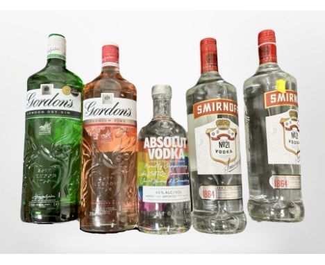 Two 1 litre bottles of Smirnoff No.21 vodka together with Absolut Vodka 700ml and two bottles of Gordons gin Pink and London 