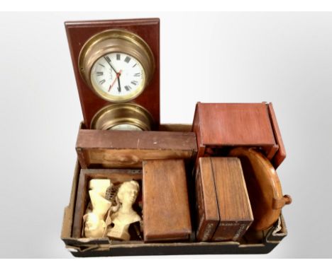 A box of Victorian and later boxes, brass cased combination clock barometer, busts, other wooden items 
