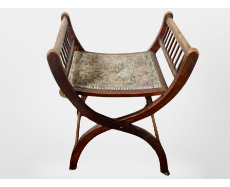 A Victorian X-framed stool with tapestry seat and a further inlaid mahogany corner armchair 