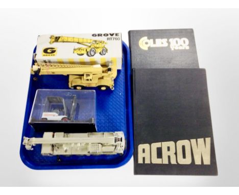 A Grove RT760 diecast model crane, a further diecast model of a forklift truck and a diecast metal train, together with two v