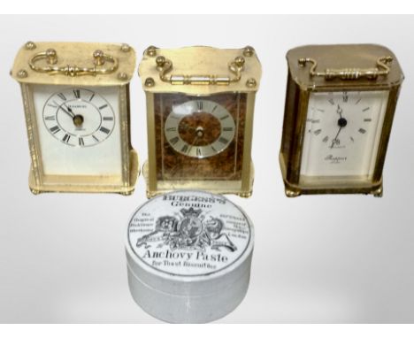 Three brass cased carriage clocks and a Burgess's Genuine anchovy paste ceramic pot with lid  