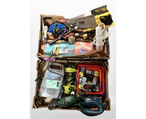 Two boxes of power tools, joinery tools, saws etc 
