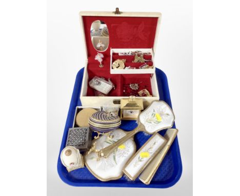 Jewellery box and assorted costume jewellery, dressing table brush set, trinket boxes and compacts 