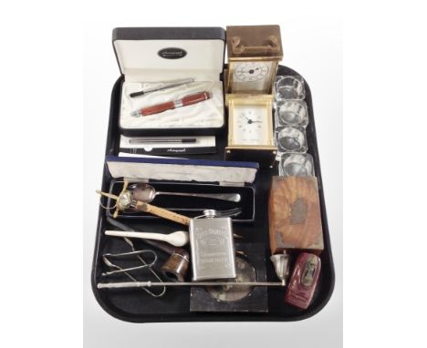 A tray of cutlery, two cased Quartz time pieces, pen in presentation box, pipe, whiskey hip flask, table lighter 