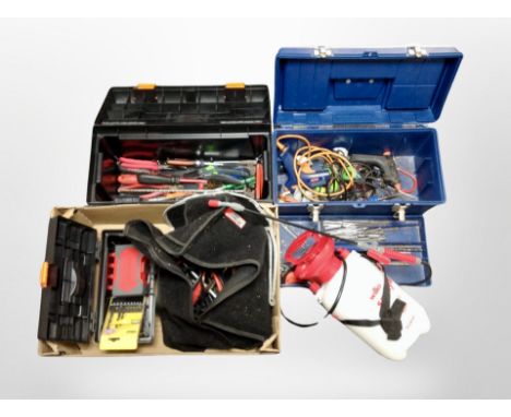 Two tool boxes and contentsA box of weed sprayer, small tool box and contents, car jack, jump leads, two further plastic tool