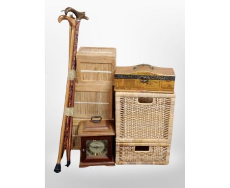 Wicker boxes, bundle of walking sticks, reproduction Quartz bracket clock etc 