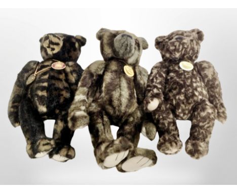 Three Charlie bears, Tommy, Percival, and Magic, with tags.