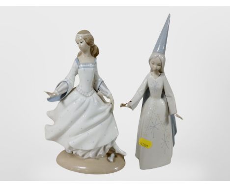 A Lladro figure of a girl holding a magic wand, and a further figure of a girl in a dress.