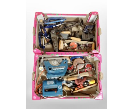 Two boxes of joinery tools, clamps, vice, wood working planes, two Black & Decker electric saws 