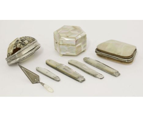 A collection of mother-of-pearl items, 18th/19th/early 20th century, some with silver mounts, comprising;a trowel bookmark, f