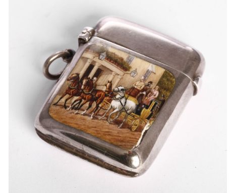 A Victorian silver vesta case, by Sampson Mordan & Co., London 1898,of rectangular form with an enamelled panel depicting a h