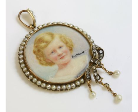 A portrait miniature pendant,the ivory panel painted with a young girl and signed Englehart(?), within a split pearl border w