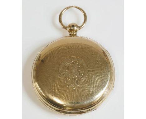 An 18ct gold hunter pocket watch,with a circular barley engine turned case, with a vacant cartouche to the front cover.  The 