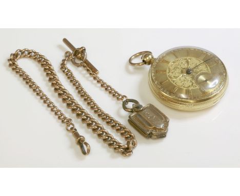 An 18ct gold key wound open-faced pocket watch,50mm diameter, three colour gold chased dial, with raised Roman numerals, subs