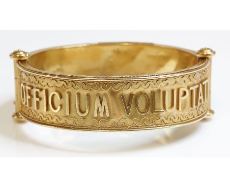 An Italian cased Archaeological Revival gold bangle, c.1870,attributed to Leopoldo Innocenti.  A flat section hollow bangle w