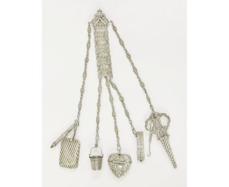 A Victorian silver châtelaine,London 1873,with pierced foliate panels and implements suspended from foliate links, comprising