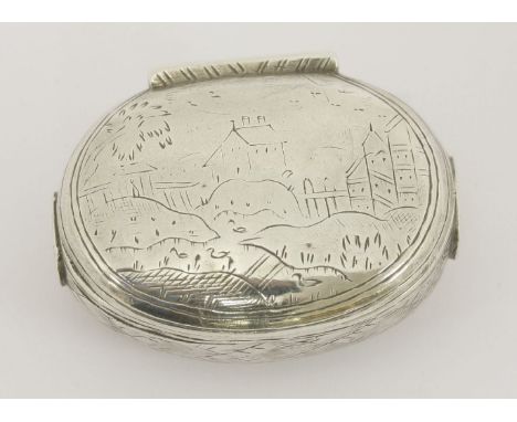 A silver spice box, maker's mark PR with possible device above, late 17th century,of oval form, the hinged cover engraved wit