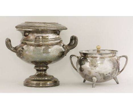 A George III old sheffield plate two handled wine cooler, of squat baluster form with flared rim on pedestal circular foot wi