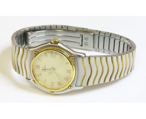 A ladies' bicolour Ebel Classic Waves quartz bracelet watch,27mm diameter, cream dial with gilt Roman numerals, hands, centre