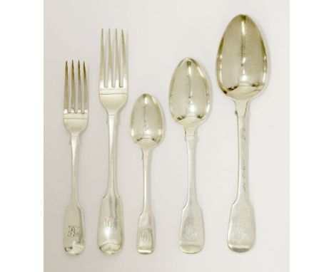 A George III/Victorian composite silver fiddle pattern flatware service,mixed dates and makers,monogrammed, comprising:12 tab