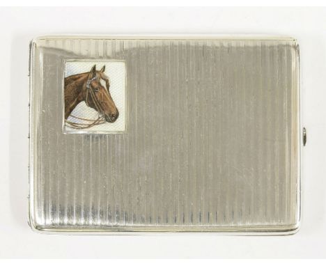 A Continental silver cigarette case,900 standard,of engine turned rectangular form, the cover enamelled with a horse's head,1