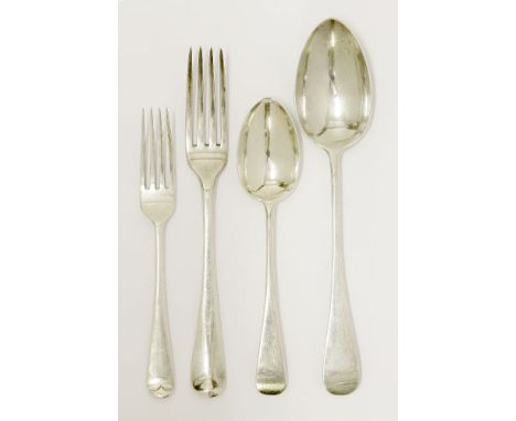 A George III/modern silver old english pattern flatware service,mixed dates and makers,comprising:12 table forks,6 tablespoon