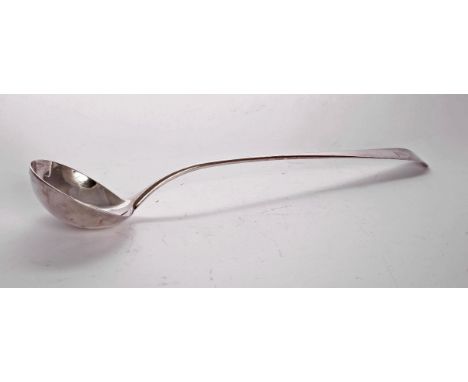 A George III Scottish silver old english pattern soup ladle,by Patrick Robertson, Edinburgh 1774, crested with motto above,38