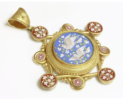 A Victorian micromosaic gold pendant, c.1870,with a raised central boss, with doves of peace to a blue ground.  A twisted wir