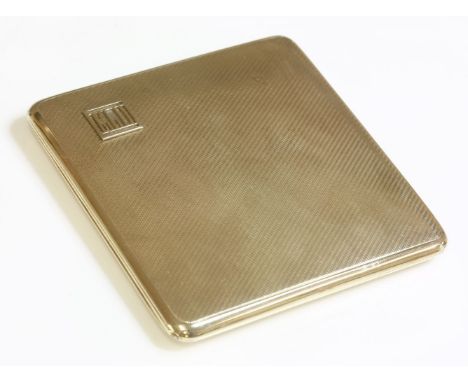 A 9ct gold Art Deco cigarette case,by Asprey, cushion shaped hinged case with engine turned barley decoration to both sides, 