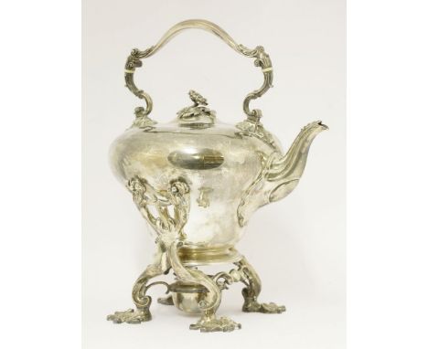 A Victorian silver spirit kettle,by Mary and Richard Sibley, London 1838, retailed by Makepeace, London,the teapot of baluste