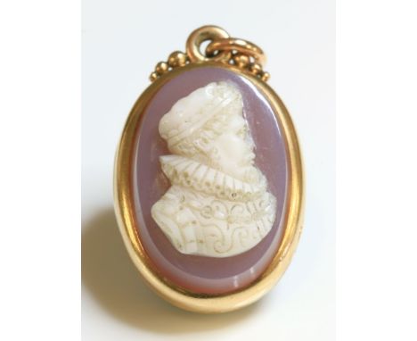 A Victorian double-sided carved hardstone cameo locket,with the carved sardonyx cameo of a Renaissance gentleman facing right