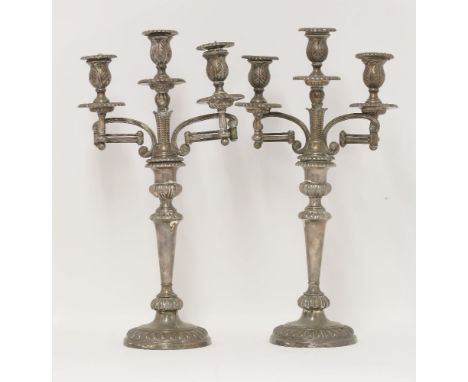 A pair of George III old sheffield plate three light folding bracket candelabra,c.1810,the knopped tapering cylindrical stems