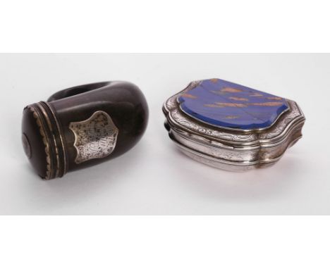 A Victorian Scottish silver mounted horn snuff mull,unmarked,monogrammed and with applied shield inscribed 'Presented to Mr. 