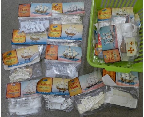 A collection of Airfix ship model kits, including Cutty Sark, H.M.S. Victory