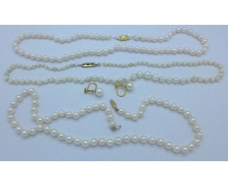 Three pearl necklaces, one with clasp marked 9ct and a pair of 9ct gold mounted pearl earrings with screw back