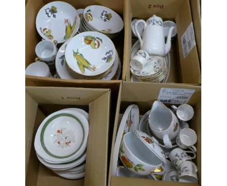 Four boxes of Royal Worcester Evesham dinnerware, other dinnerware and china including Wedgwood and Crown Staffordshire