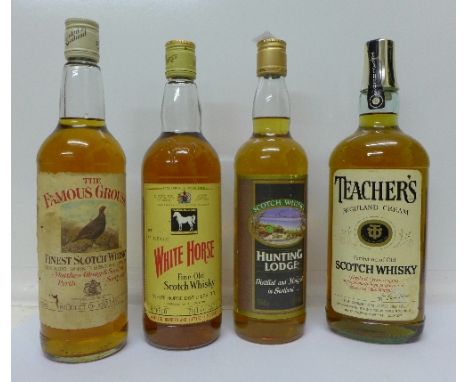 Four bottles of Scotch Whiskey; Teacher's, Hunting Lodge, The Famous Grouse and White Horse