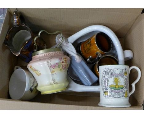 A Nao figure, a SF & Co. biscuit barrel, an Adams The Farmers Arms mug, two Arthur Wood tankards, a tea bowl, a Portmeirion G