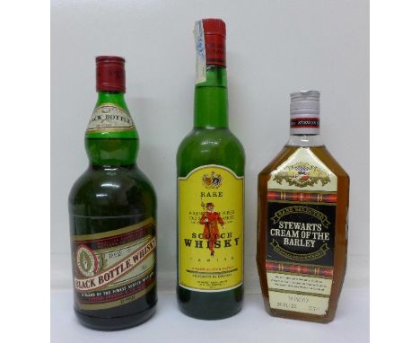 Three bottles of Scotch Whisky; Rare Cawisk, Black Bottle Whisky and Stewarts Cream of The Barley