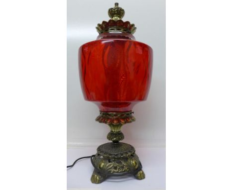 A large ruby red glass lamp, 62cm