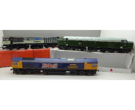 Three Hornby Railways model diesel locomotives, Class 40, Class 58 and Class 66, DCC fitted, all restored