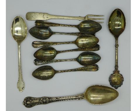 Nine silver spoons and a Victorian silver fork, Birmingham 1852, Yapp & Woodward, total weight 140g