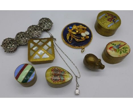 Five enamel pill boxes, a silver pendant and chain, a Chinese pendant, a/f, a bracelet and a model of a pig