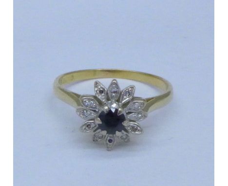 An 18ct gold, sapphire and diamond ring, 3.6g, R
