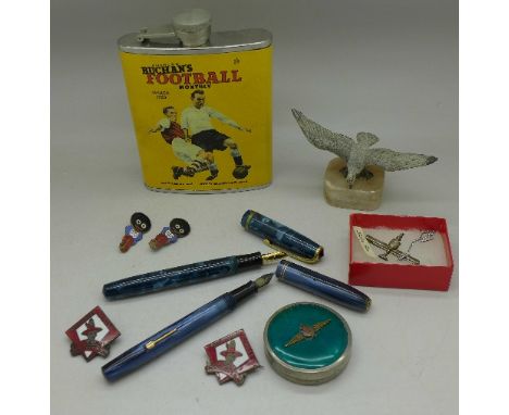 A Charles Buchan's Football Monthly hip-flask, a cold painted seagull 'Lands End', two pens, a RAF compact, two Robertsons Go