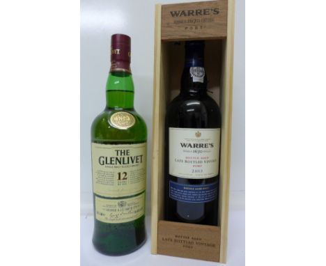 Two bottles; The Glenlivet Single Malt Scotch Whisky, 12 Years of Age and Warre's Late Bottled Vintage Port, 2003